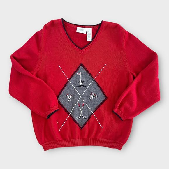 Vintage Red Argyle Embroidered Golf Sweater LizGolf Women's Large Preppy Classic - Picture 11 of 11